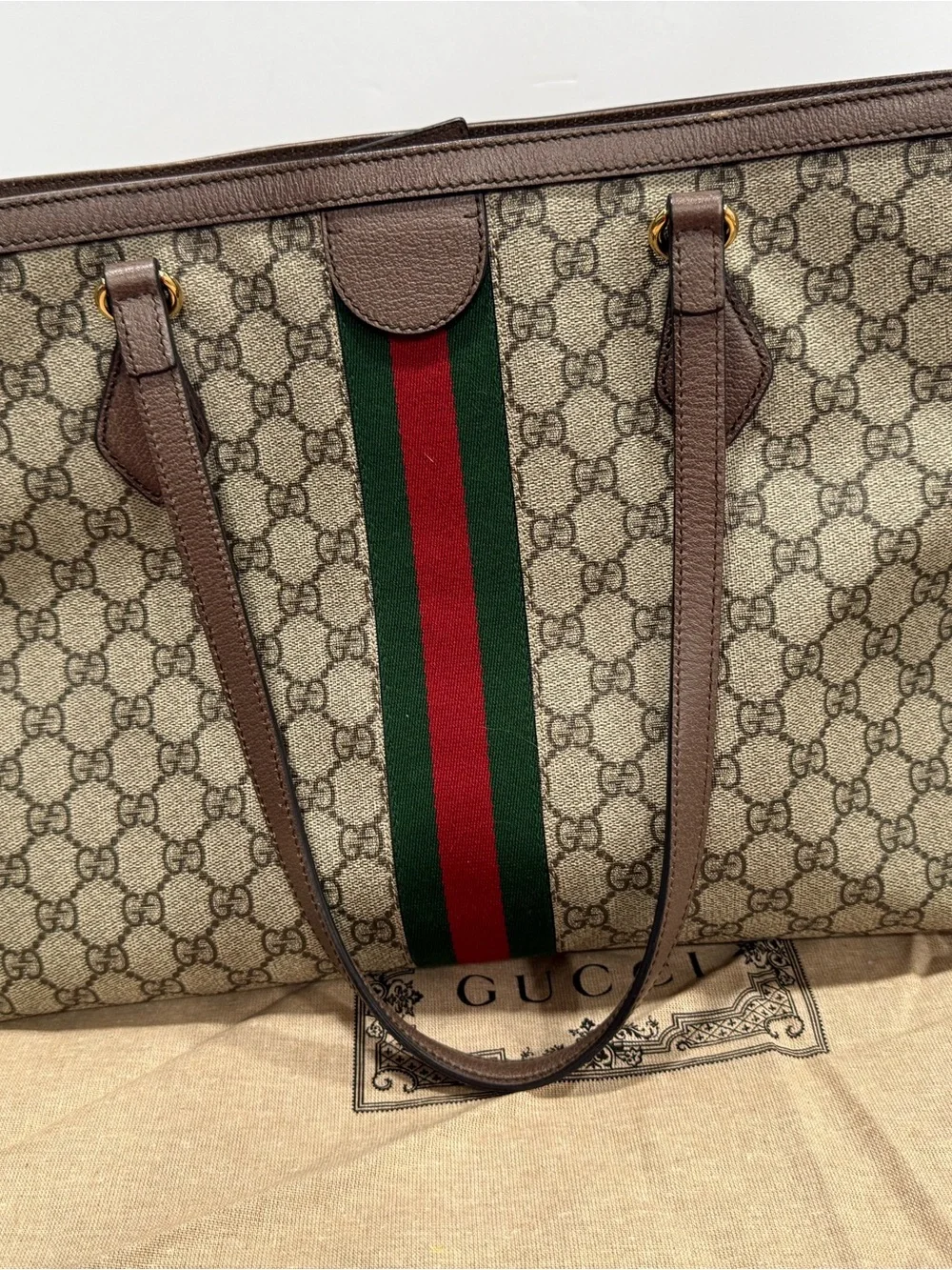 Gucci Ophedia Beige GG Supreme Canvas Tote with Brown Trim and Green-Red Web